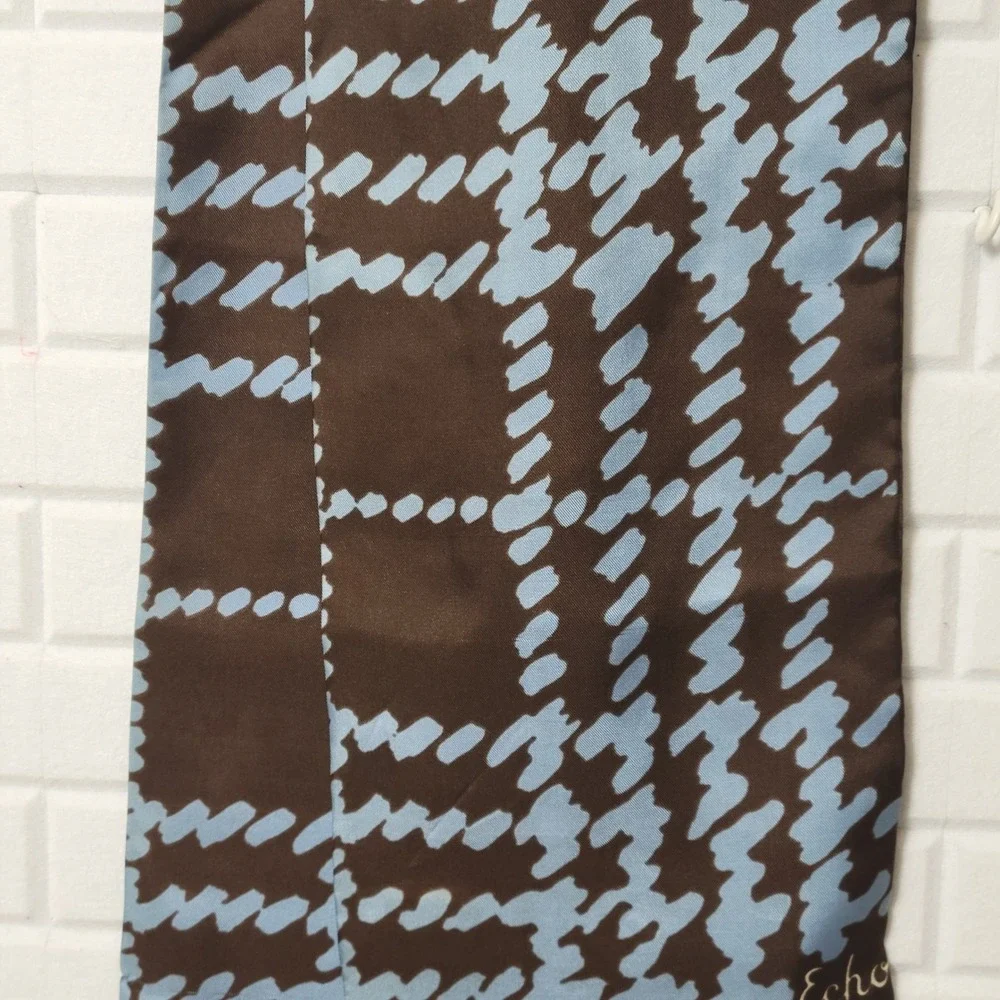Vintage 1970s Echo Silk Scarf Abstract Houndstooth Plaid Long Mod Quiet Luxury